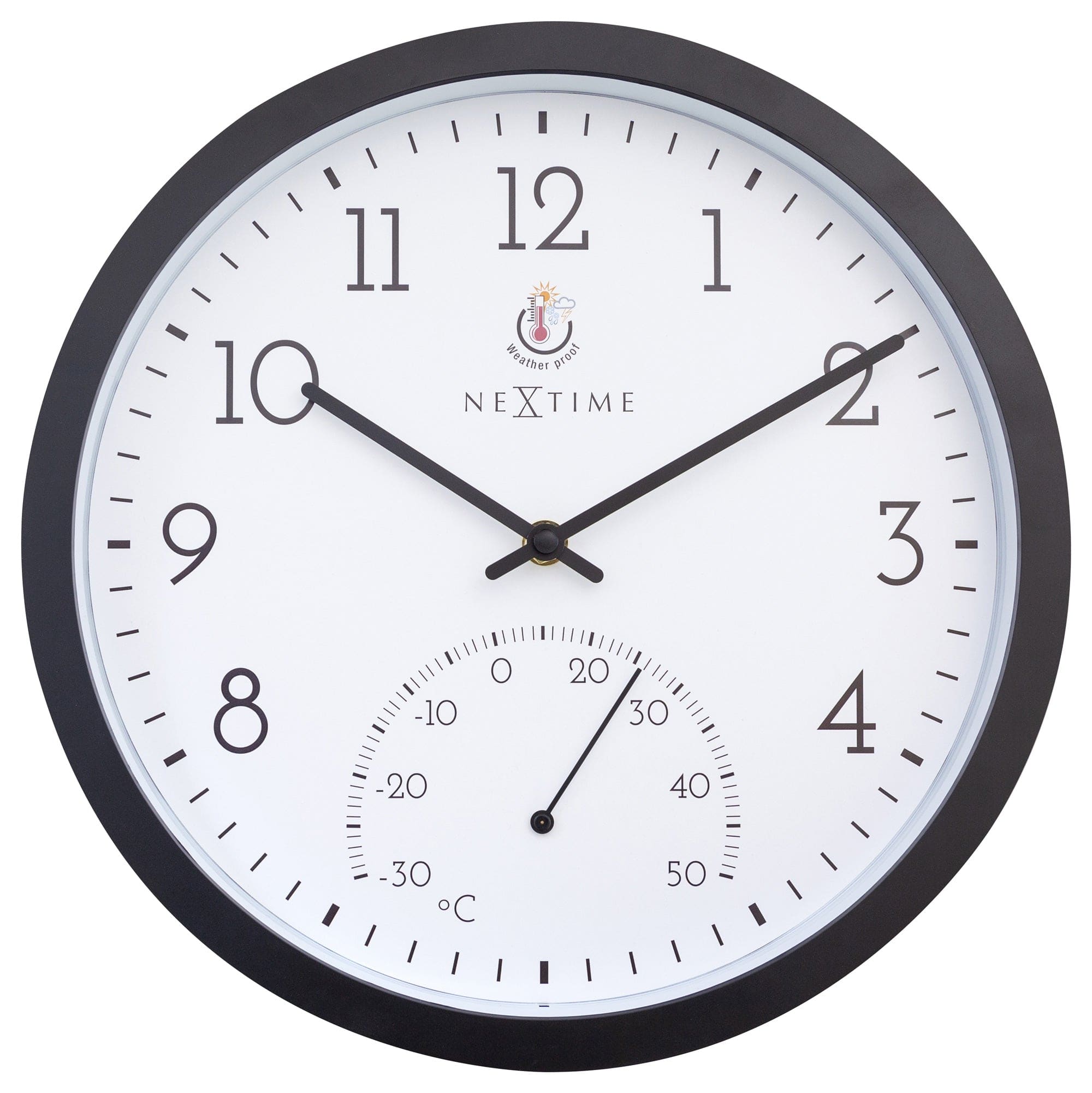 NeXtime Clocks weatherproof outdoor garden clock with thermometer, 30.5 cm in marigold color, showing time and temperature outdoors.